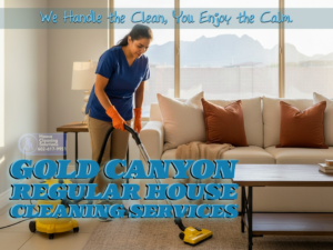 A house cleaner from House Cleaning Solutions in Mesa, AZ, is vacuuming a living room carpet.