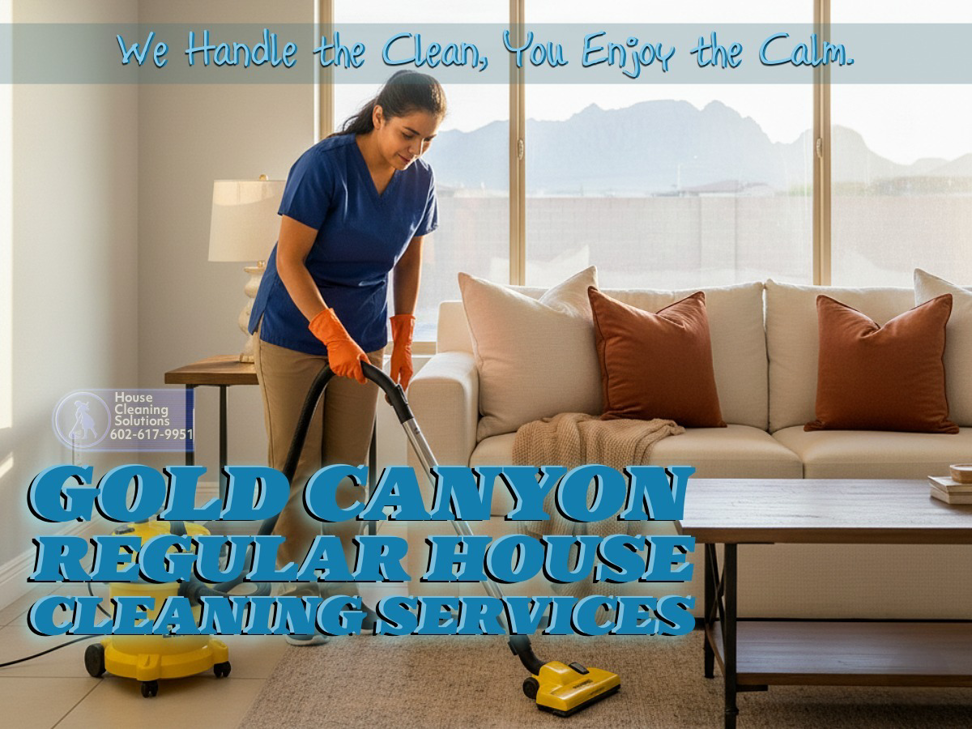 A house cleaner from House Cleaning Solutions in Mesa, AZ, is vacuuming a living room carpet.