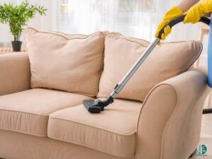 A professional house cleaner wearing yellow gloves, vacuuming a sofa to ensure a spotless living space by CleanCo Works in Scottsdale, AZ.