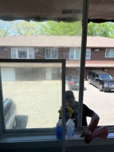 A house cleaner actively washing a window with spray bottles and a cloth, demonstrating window cleaning services by Little Cubs Cleaning Services in Rochester, MN.