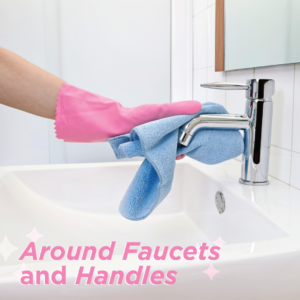 A Molly Maid house cleaner wiping a bathroom faucet and handles in a home in Albuquerque, NM.