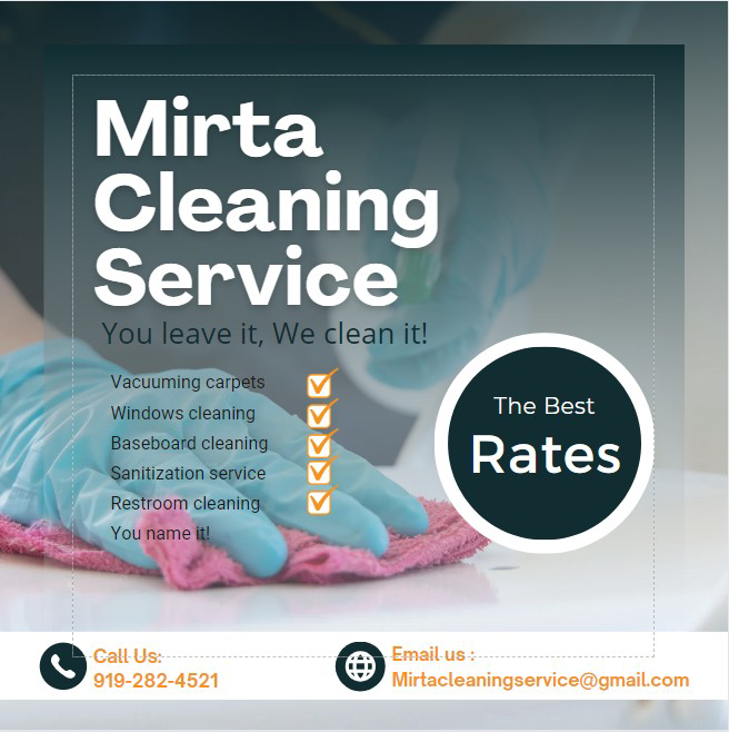 A house cleaner from Mirta Cleaning Services in Durham, NC, wearing blue gloves and wiping a surface with a pink cloth.