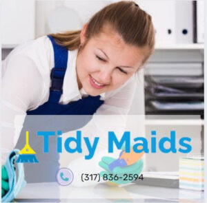 A Tidy Maids Clean house cleaner in Indianapolis, IN, wearing gloves and overalls, meticulously wiping a surface.