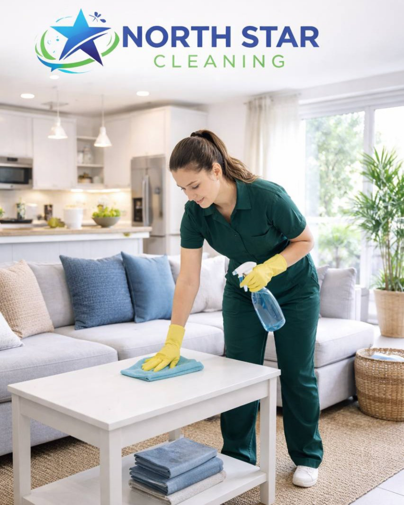 A house cleaner wiping a coffee table in a living room for North Star Cleaning in Fall River, MA.