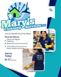 Professional house cleaners tidying a kitchen counter and making a bed for Mary's house cleaner services LLC in Scottsdale, AZ.