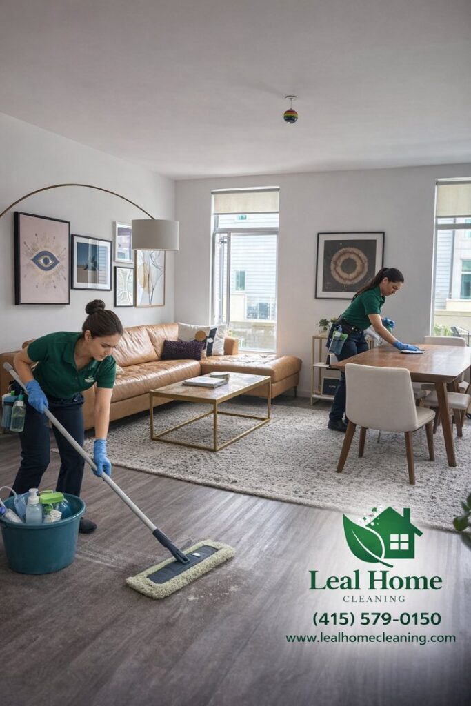 Two house cleaners mopping a floor and wiping a dining table for Leal Home Cleaning in San Francisco, CA.