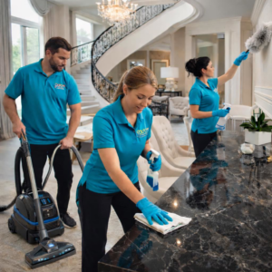 Eden Cleaning Services team vacuuming, dusting, and wiping surfaces in a luxurious home in Annapolis, MD.