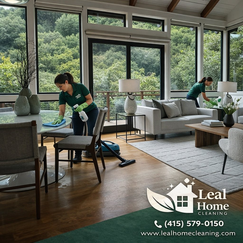 Two house cleaners vacuuming and wiping surfaces for Leal Home Cleaning in San Francisco, CA.