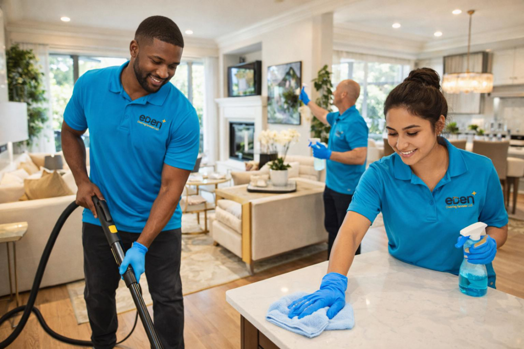 Professional house cleaners from Eden Cleaning Services vacuuming and wiping surfaces in a modern living room in Annapolis, MD.