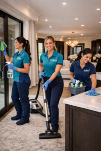 Eden Cleaning Services team vacuuming, wiping windows, and cleaning counters in a bright living space in Annapolis, MD.