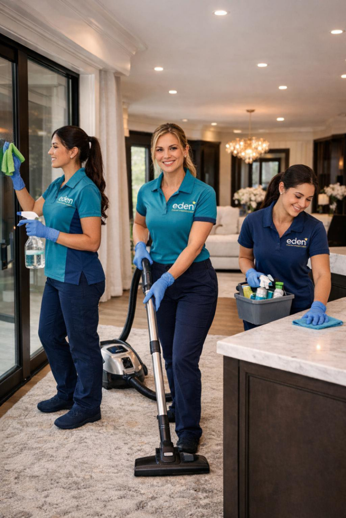 Eden Cleaning Services team vacuuming, wiping windows, and cleaning counters in a bright living space in Annapolis, MD.
