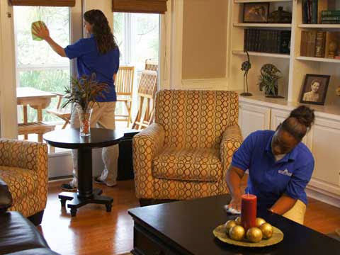 Two house cleaners from Castle Keepers House Cleaning wiping windows and furniture in a living room in North Charleston, SC.