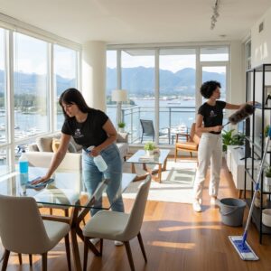 Two house cleaners from Trust-Clean wiping a table and dusting shelves in a modern living room in Green Bay, WI.