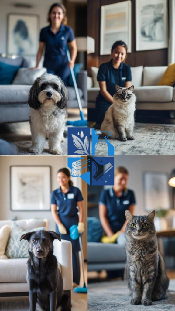 House cleaners in uniform working in homes with pets, showcasing pet-friendly services from Premier Home Cleaning Co. in Colorado Springs, CO.