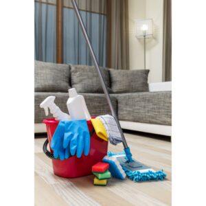 Essential house cleaning supplies, including a mop and bucket, ready in a living room by Harsh's Cleaning Services LLC in Canton, OH.