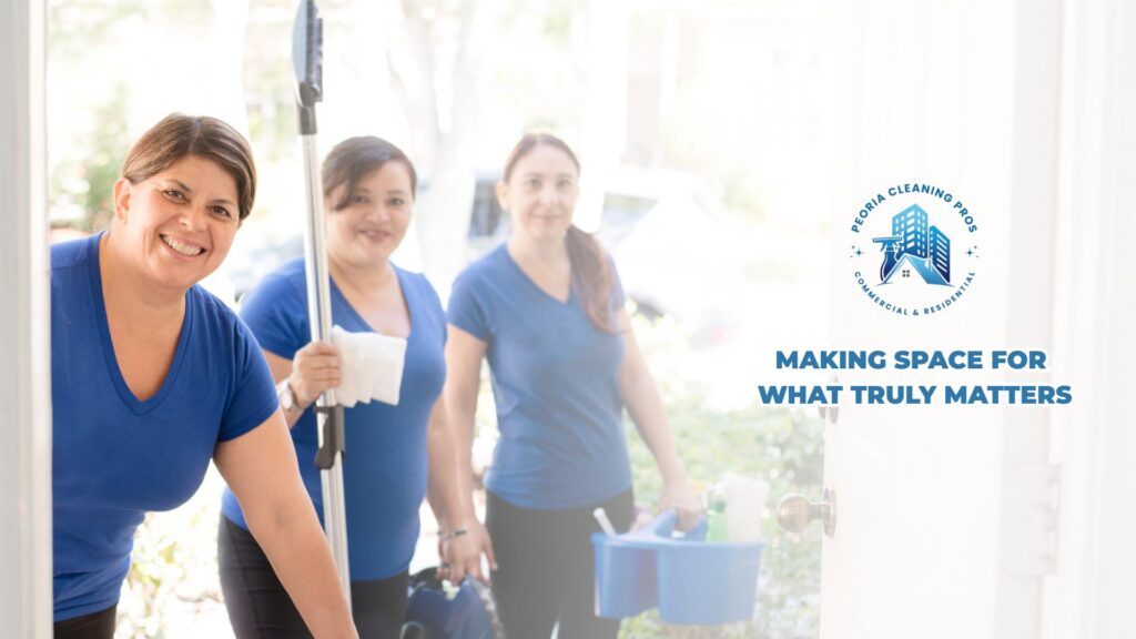 A friendly team of house cleaners from Peoria Cleaning Pros, LLC in East Peoria, IL, arriving at a client's home with their cleaning supplies.