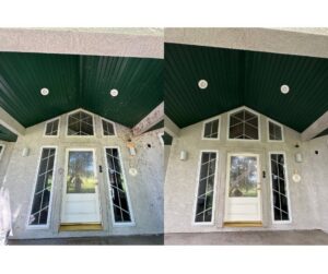 Before and after of a house entrance and siding cleaned by Splash Pros Pressure Washing in Reno, NV.