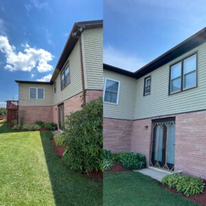 Before and after view of a house exterior cleaned by Miles Dynamic Cleaning in Baltimore, MD, showing refreshed siding