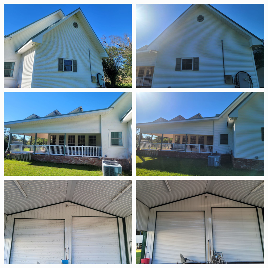 Multiple before and after views of a house exterior and garage cleaned by Top2Bottom Pressure Washing & Exterior Cleaning in Alexandria, LA.