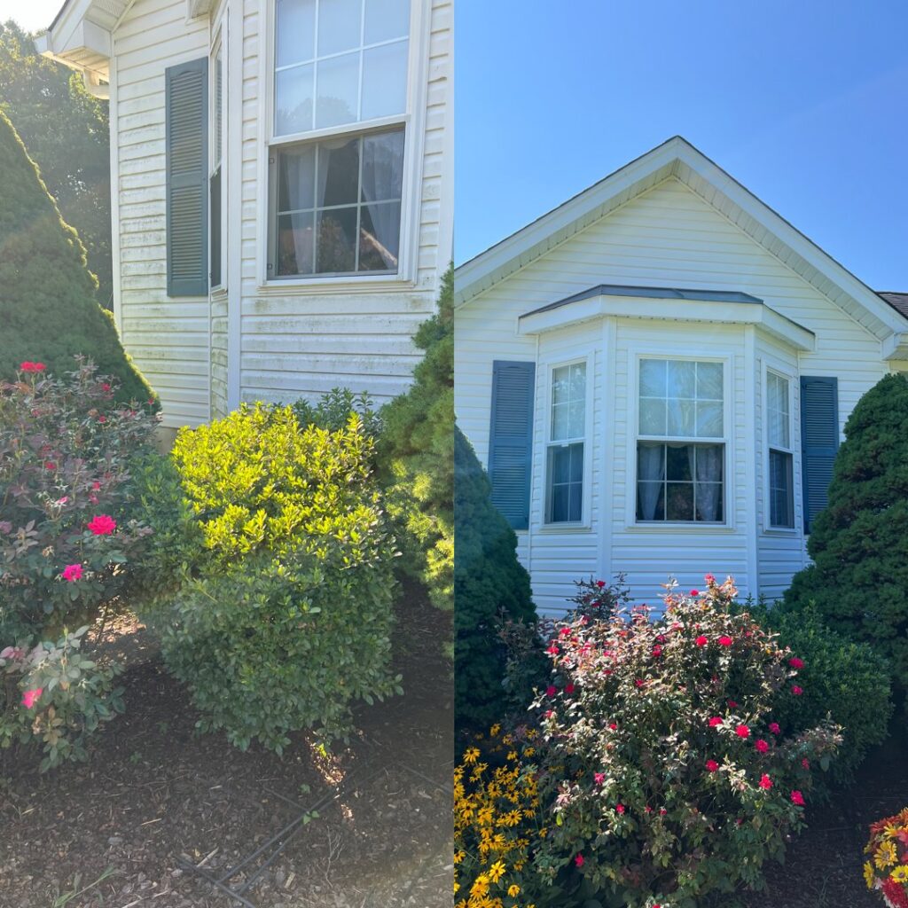 Before and after soft wash of a house exterior by Miles Dynamic Cleaning in Baltimore, MD, showing clean siding and refreshed landscaping