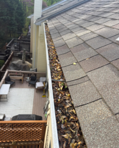 A house gutter completely full of fallen leaves and debris, ready for cleaning by Procleanersofdmv in Rockville, MD.