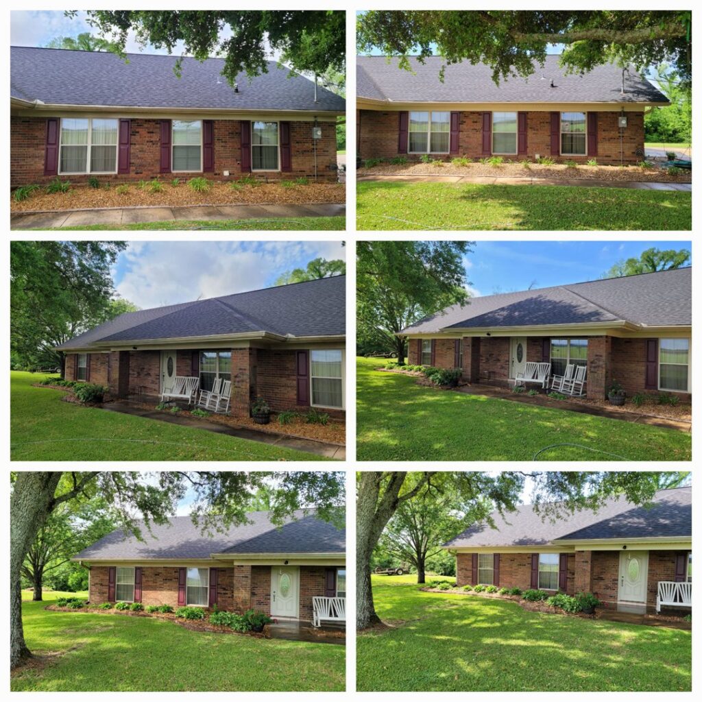Multiple before and after views of a house exterior and roof cleaned by Top2Bottom Pressure Washing & Exterior Cleaning in Alexandria, LA.