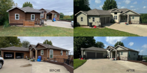 Before and after photos of a house transformed with new light green siding and stone veneer by Arrow Exteriors Inc. in Topeka, KS