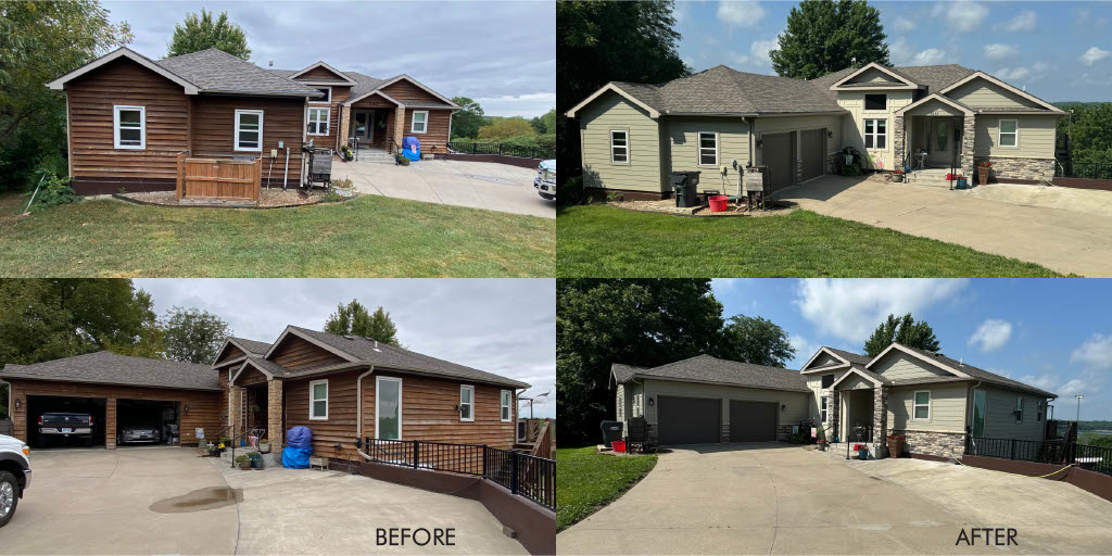 Before and after photos of a house transformed with new light green siding and stone veneer by Arrow Exteriors Inc. in Topeka, KS