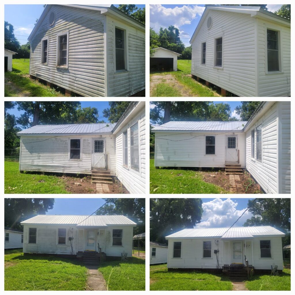 Before and after views of house siding cleaned by Top2Bottom Pressure Washing & Exterior Cleaning in Alexandria, LA.