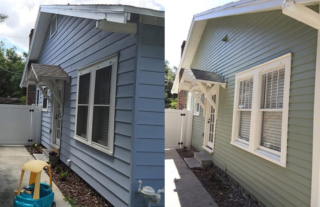 Before and after comparison of a house with updated green siding by Coastal Construction Group LLC in Cheshire, CT.