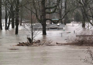 A house partially submerged in floodwaters, demonstrating the need for water damage restoration by 1st Choice Fire and Water Restoration in South Bend, IN.