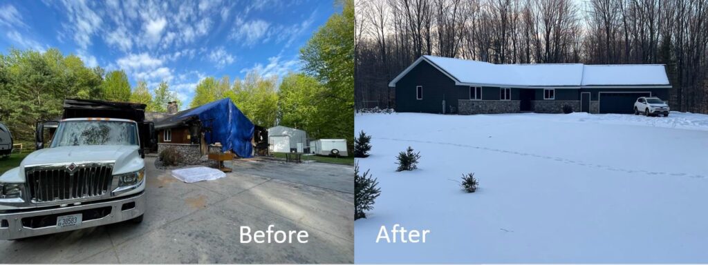Before and after of a house with a tarp on the roof, showing water damage repair by R Van Rite Construction & Restoration in Hobart, WI