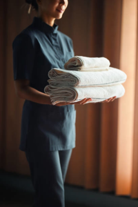 A professional housekeeper holding a stack of neatly folded white towels for Premier Uptown Clean in Charlotte, NC