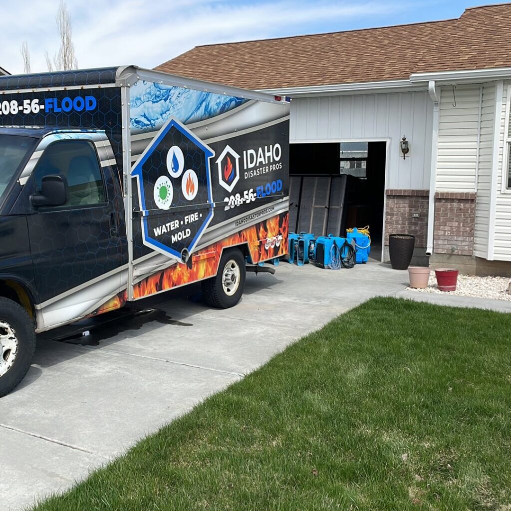 An Idaho Disaster Pros branded truck parked outside a home with water damage drying equipment visible in Idaho Falls, ID.