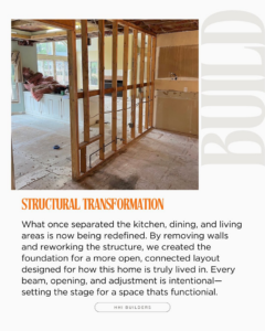 Interior demolition showing a wall removed and exposed studs during a remodel by HHI Builders in Hilton Head Island, SC.