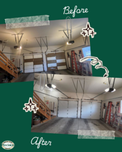 Before and after view of an interior garage door installation by Precision Garage Door Fort Collins in Cheyenne, WY.
