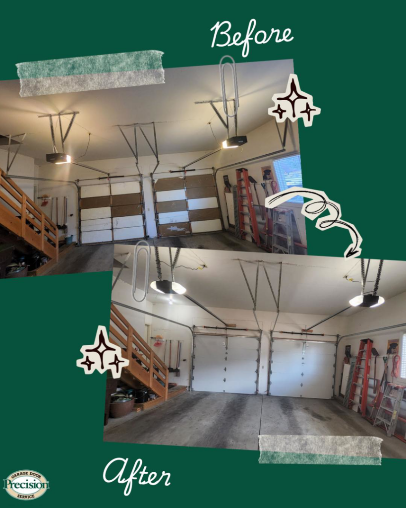 Before and after view of an interior garage door installation by Precision Garage Door Fort Collins in Cheyenne, WY.