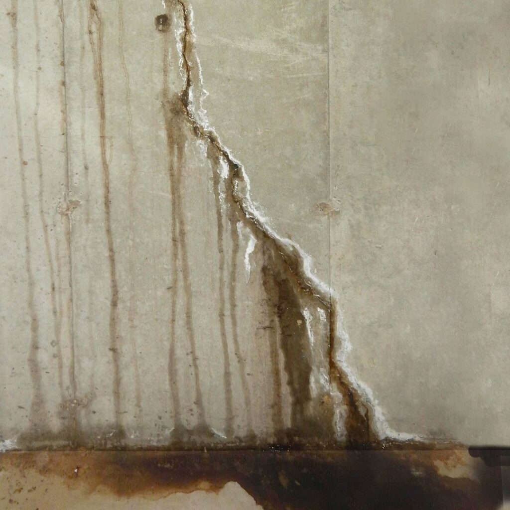 An interior wall showing significant water damage with peeling paint and dark staining, indicating a need for water damage repair from Northeast Wisconsin Waterproofing, LLC in Green Bay, WI.