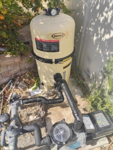 A Jacuzzi brand pool filter system for service by Suburban Pool Company in Germantown, WI.