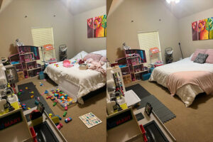 Before and after comparison of a messy kids' bedroom tidied by Olivia Cleaning Services in Fort Worth, TX