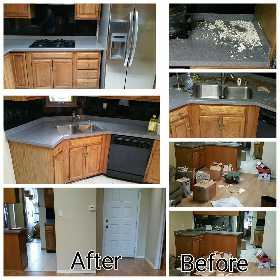 Before and after photos showing a kitchen and room cleaned by Mountain View Cleaners in Albuquerque, NM