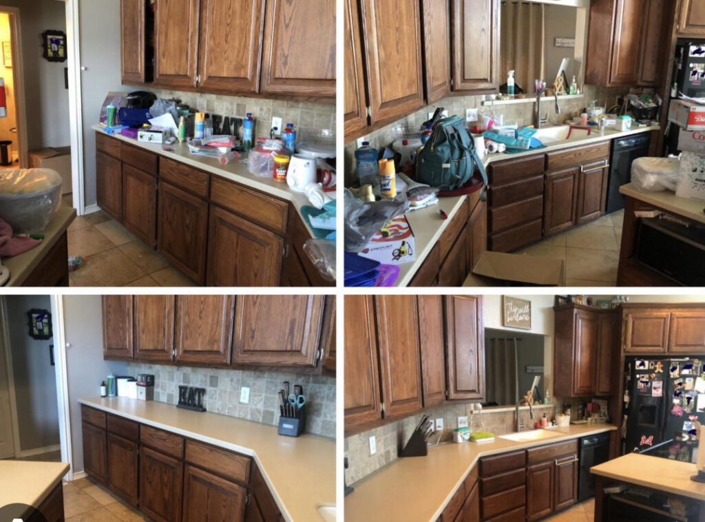 A before and after collage showing a cluttered kitchen transformed into a clean and organized space by Merriweather Cleaning and Laundry in Vancouver, WA.