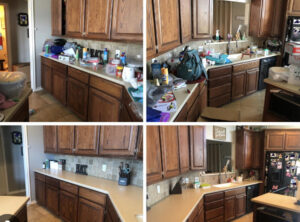 A before and after collage showing a cluttered kitchen transformed into a clean and organized space by Merriweather Cleaning and Laundry in Vancouver, WA.