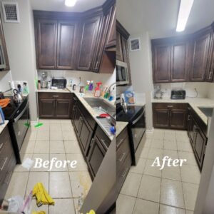 Before and after photos of a kitchen, showcasing a thorough deep cleaning by Platt Cleaning Services in Lafayette, LA.