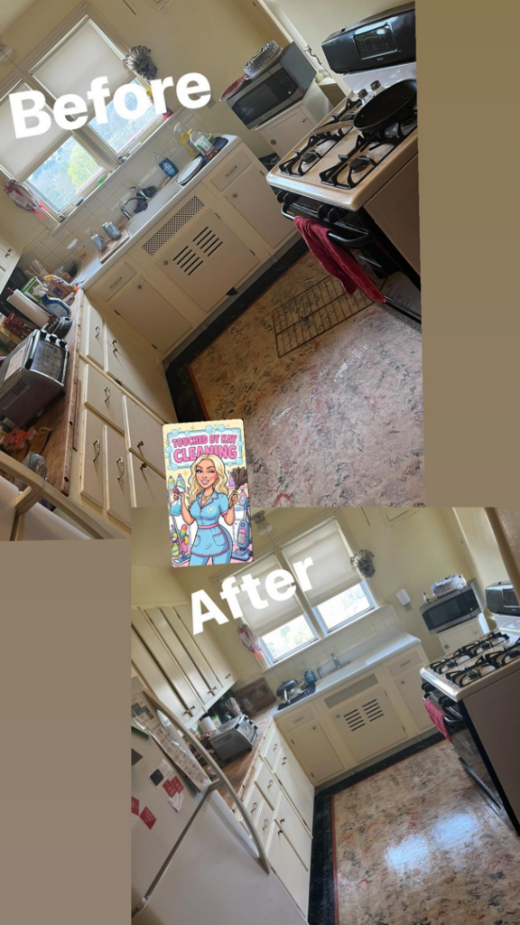 A before and after comparison of a kitchen, showing it transformed from cluttered to clean by Touched By Kay Cleaning Services in Pittsburgh, PA.