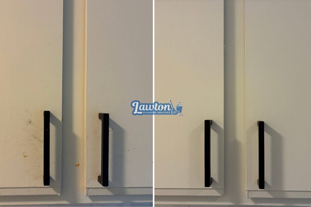 Before and after comparison of kitchen cabinet doors, professionally cleaned by Lawton Cleaning Services in Lawton, OK