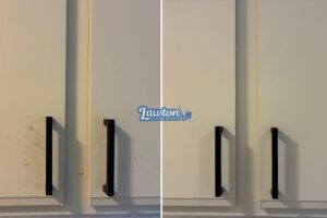Before and after comparison of kitchen cabinet doors, professionally cleaned by Lawton Cleaning Services in Lawton, OK