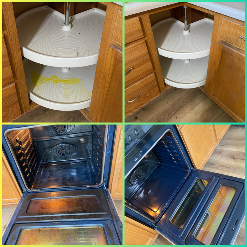 A before and after comparison of a deep-cleaned kitchen cabinet and oven by Alissa's Cleaning Service L.L.C in Indianapolis, IN.
