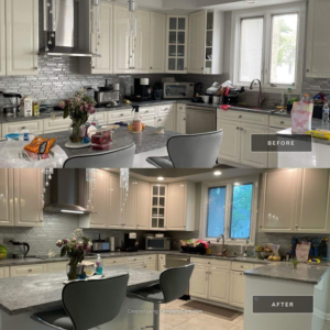Before and after view of a kitchen, demonstrating a thorough cleaning service by Page not active in St. Charles, IL.