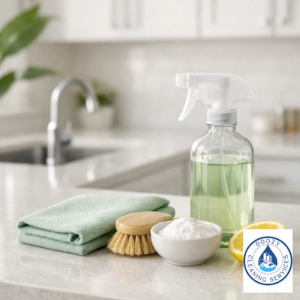 Various kitchen cleaning supplies on a countertop for Doozy Cleaning Services in Denver, CO.